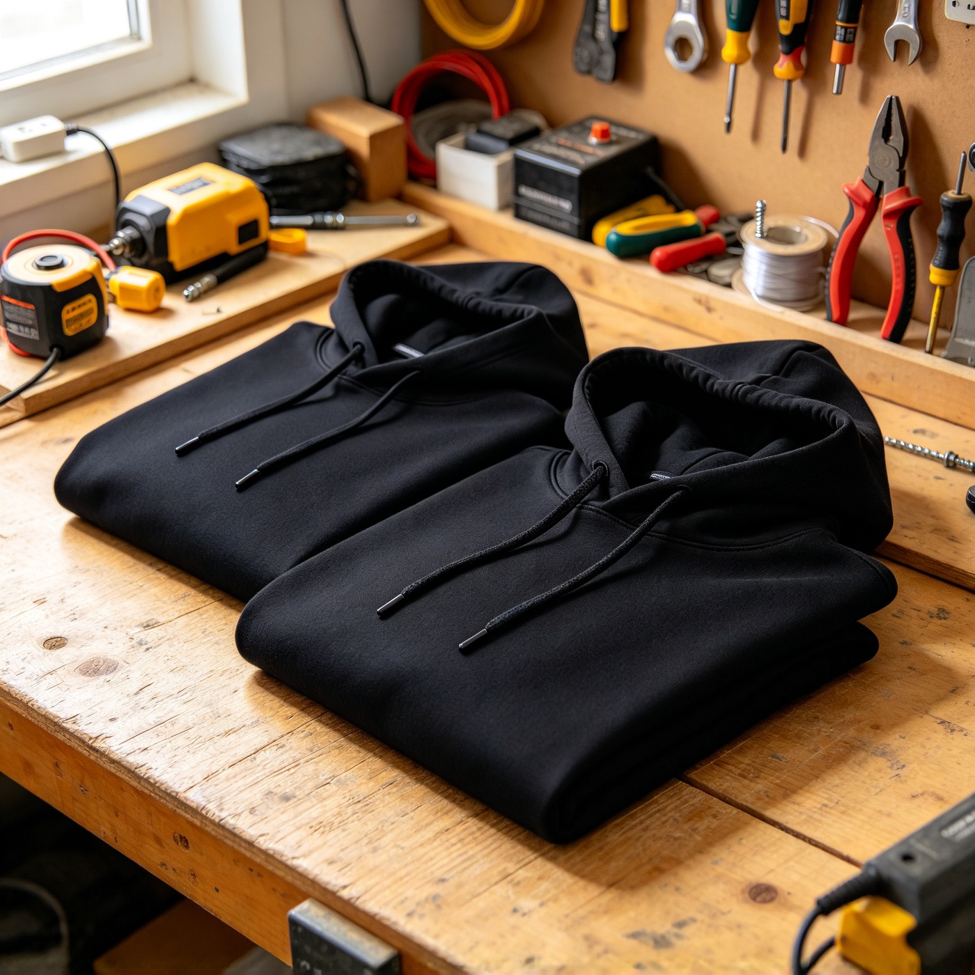 Schwarze Hoodies auf der Werkbank