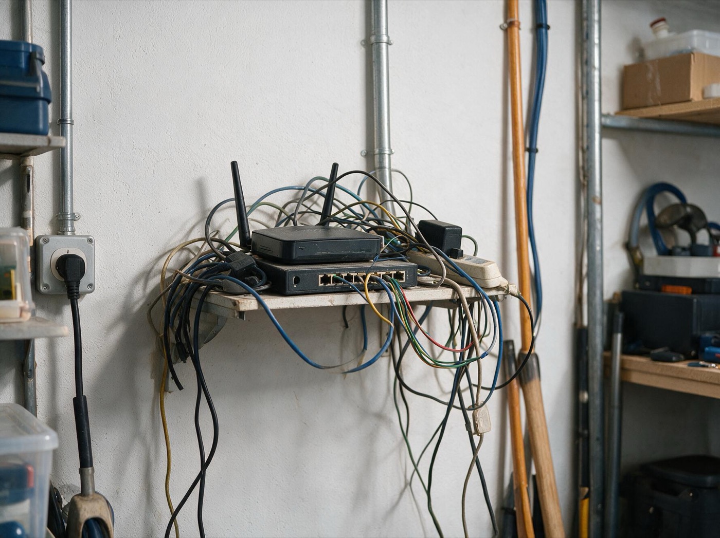 Vorher: Kabelsalat an Router und Switch