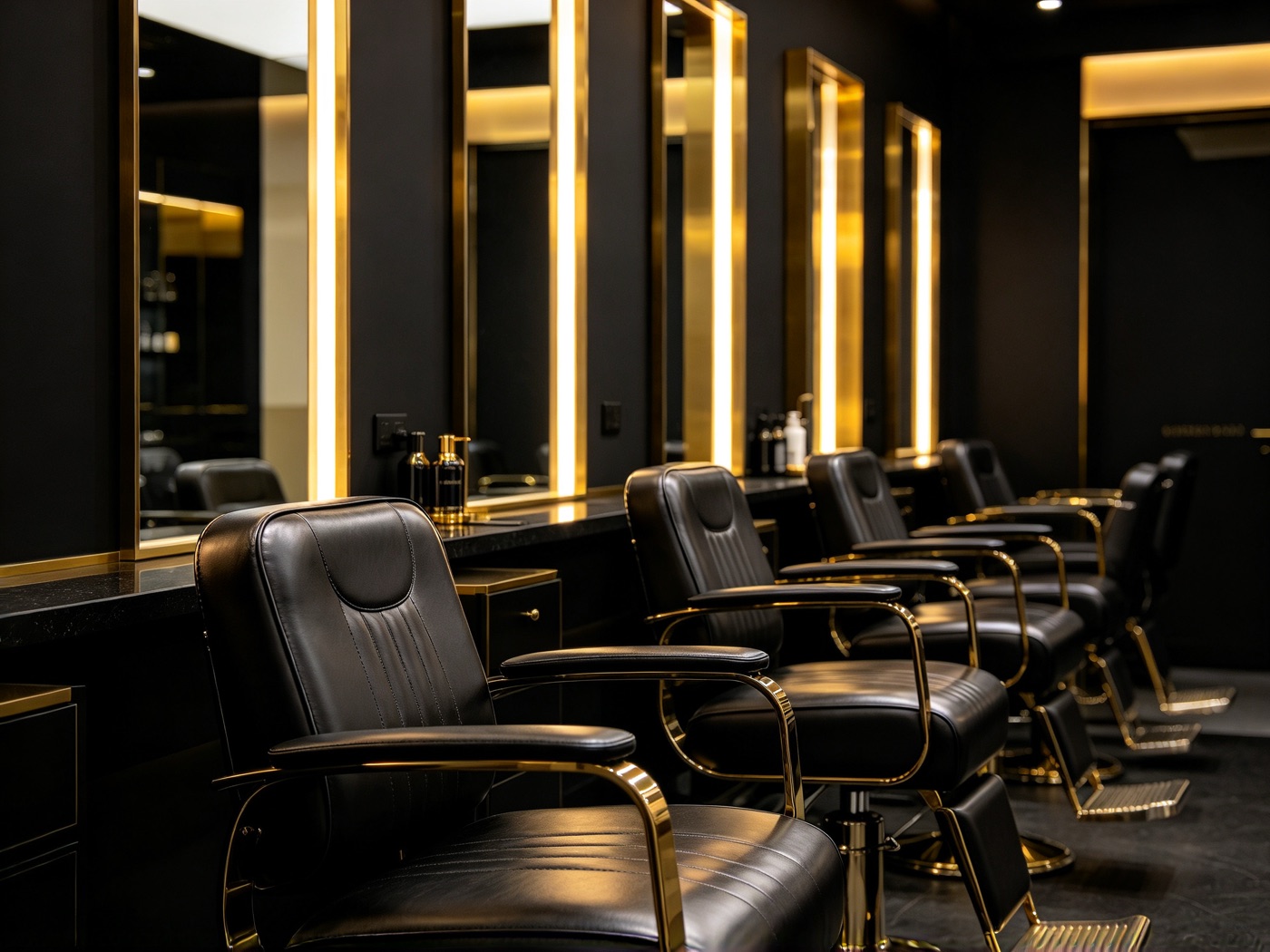 Salon mit Ledersesseln und Lichtspiegeln
