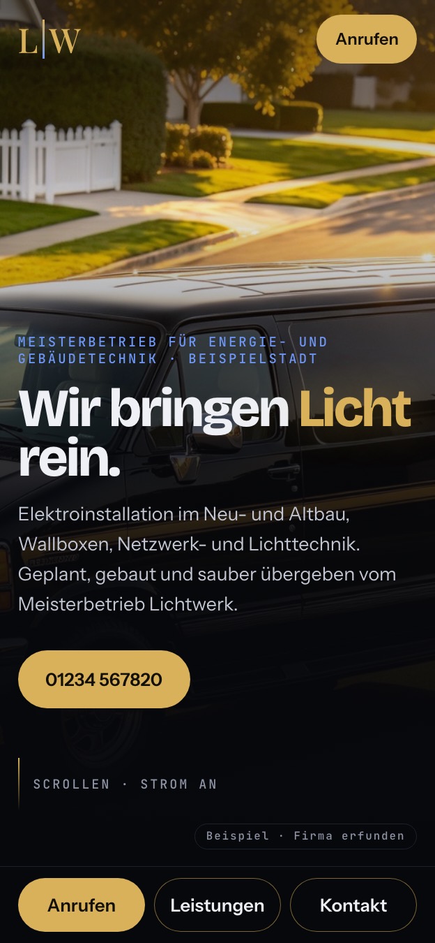Beispielseite eines Elektrobetriebs auf dem Handy
