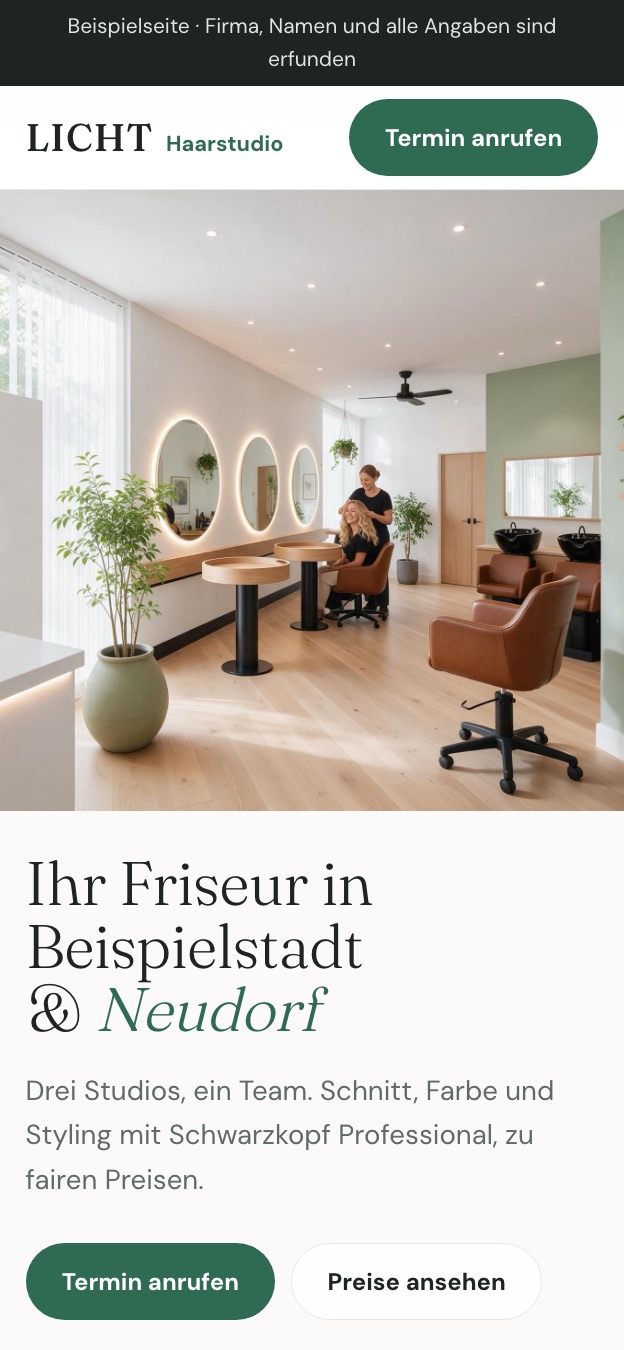 Beispielseite eines hellen Friseursalons auf dem Handy